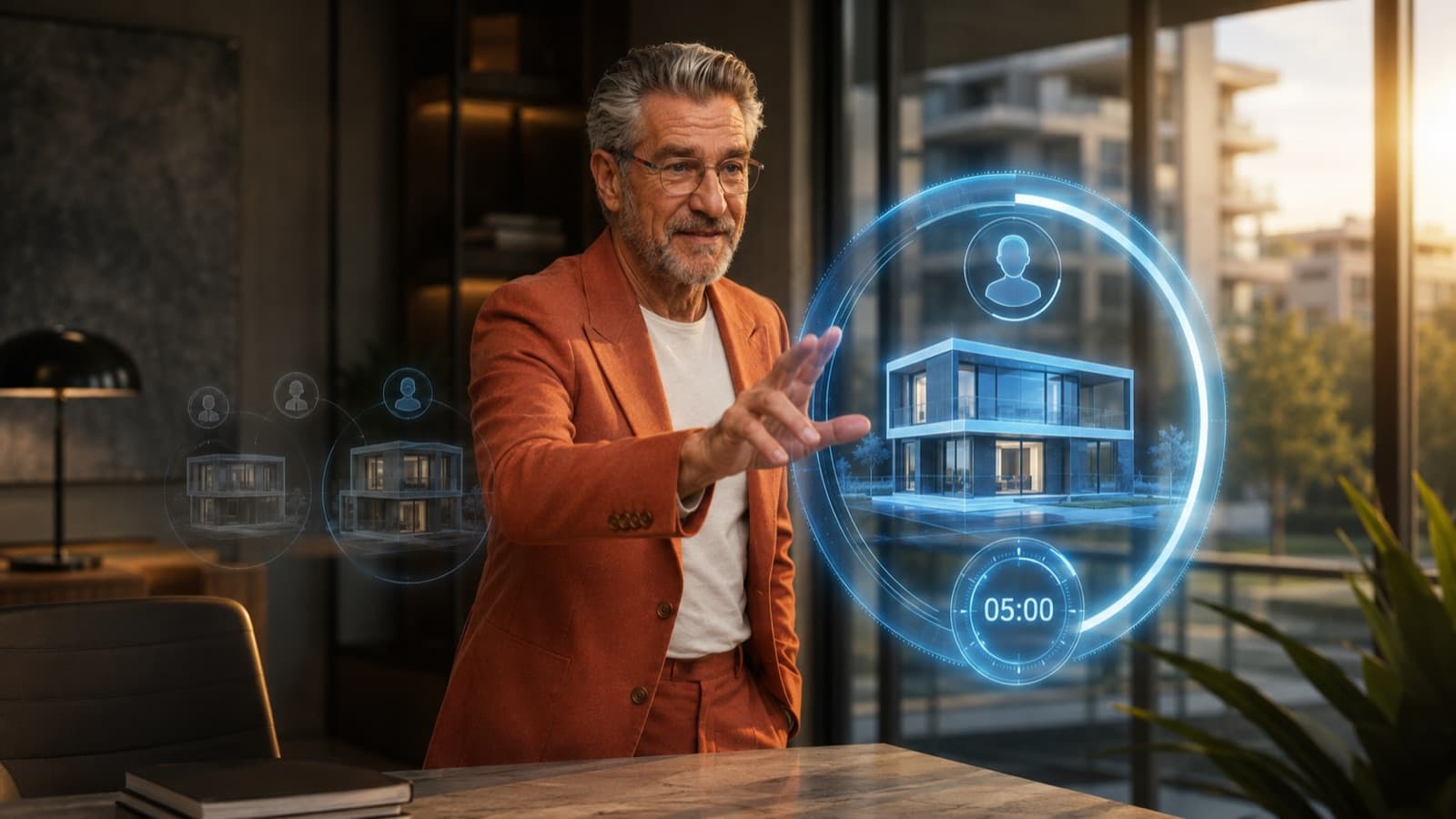 Consultor imobiliário aponta para um holograma circular com uma casa e um cronómetro de 5 minutos, a janela de ouro para responder