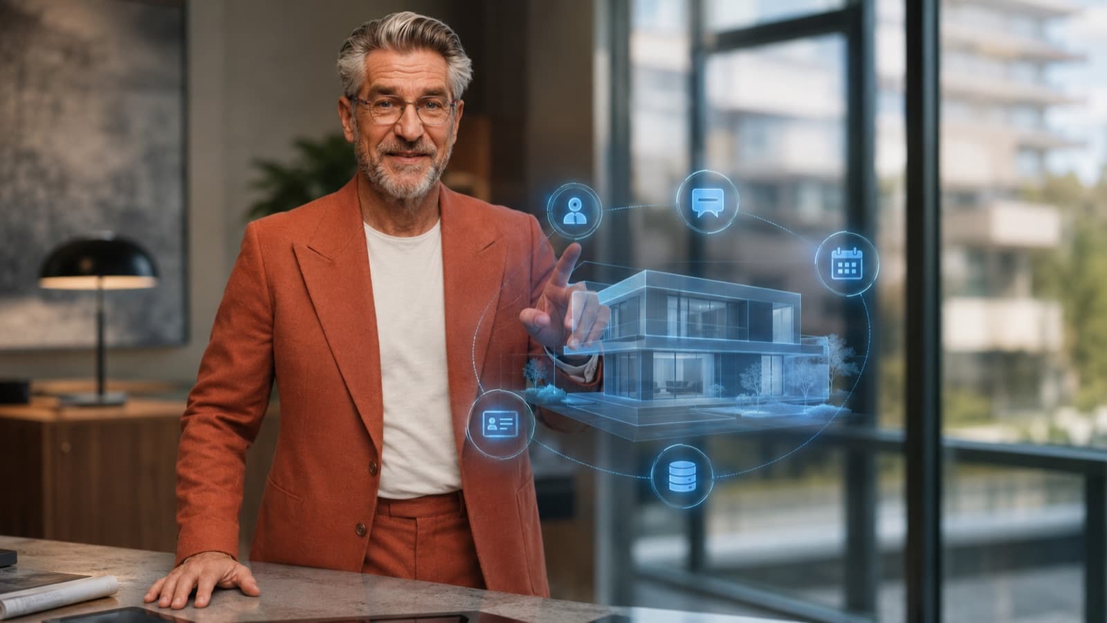 Consultor imobiliário diante do holograma de uma casa rodeado por ícones de qualificação, conversas, agenda e base de dados